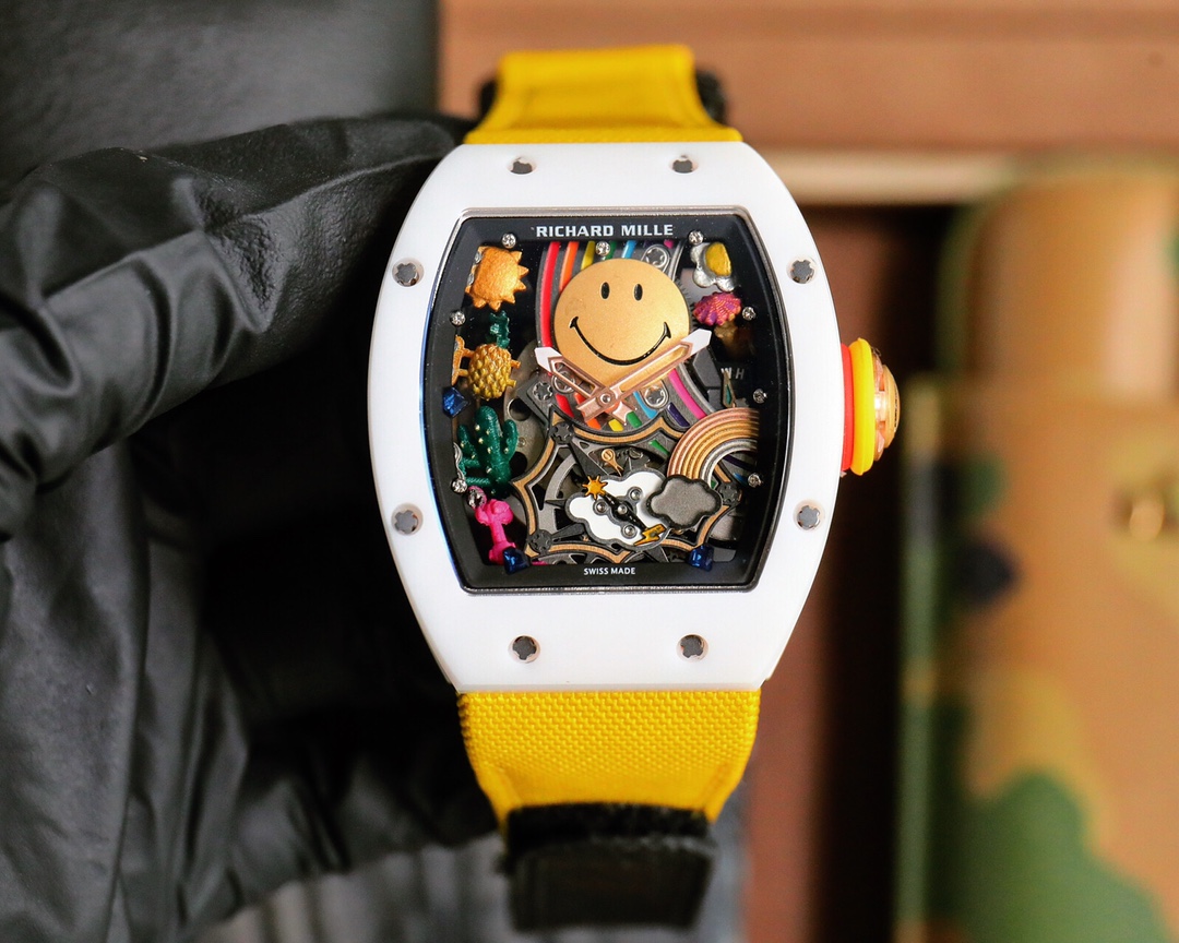Richard Mille RM07-03 Automatic Skeleton Art Watch (White Ceramic Case, Yellow & Black Rubber Strap)