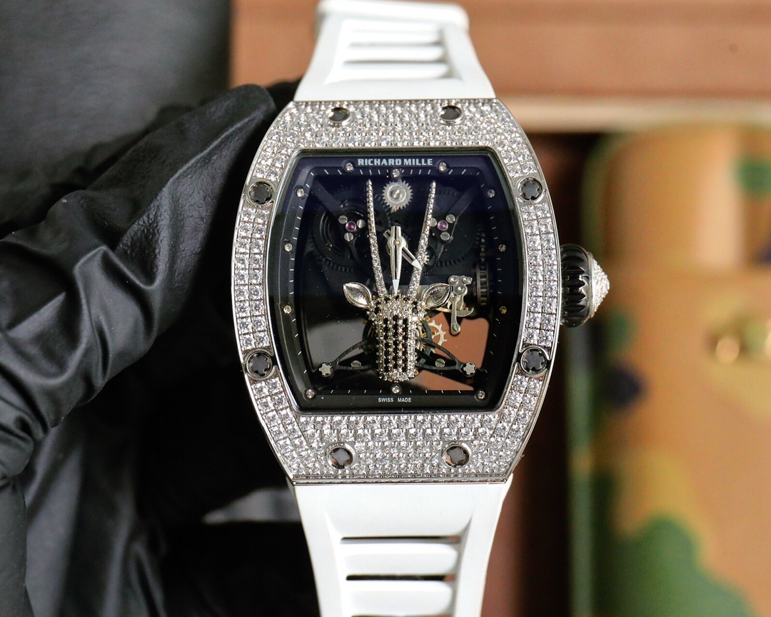 Richard Mille Diamond - Set Giraffe Skeleton Automatic Watch (Titanium Case, White Rubber Strap)