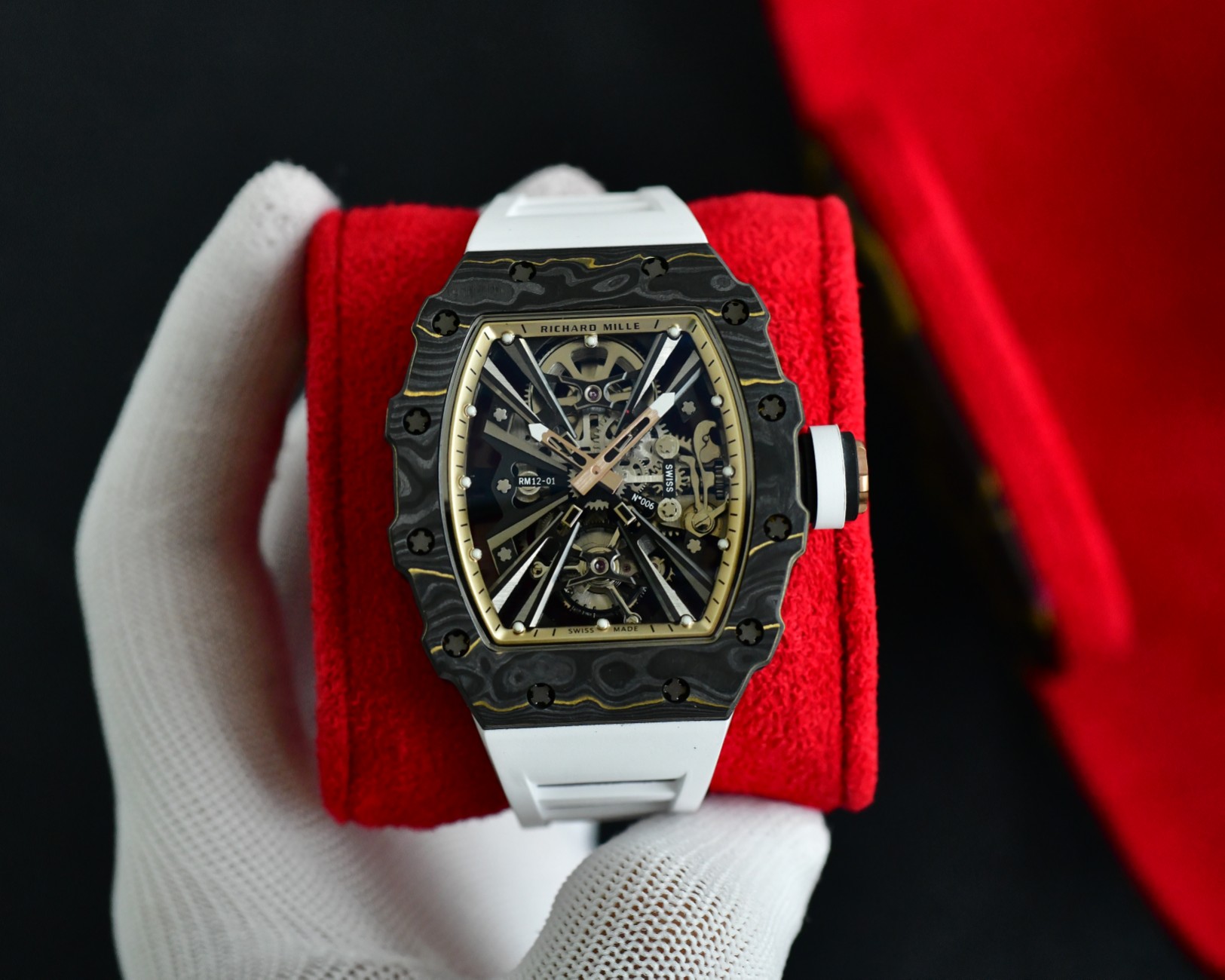 Richard Mille RM12-01 Automatic Tourbillon Watch (NTPT Carbon Case with Rose Gold Accents, White Rubber Strap)