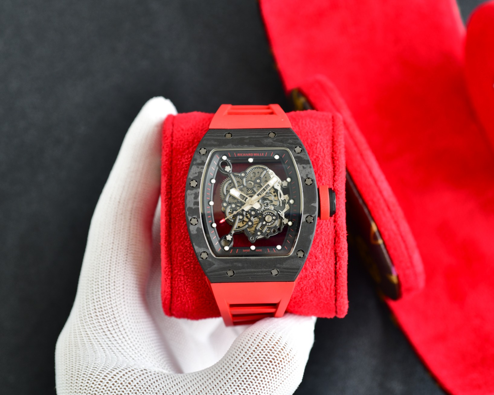Richard Mille RM055 Bubba Watson Automatic Skeleton Tourbillon Watch (NTPT Carbon Case, Red Rubber Strap)