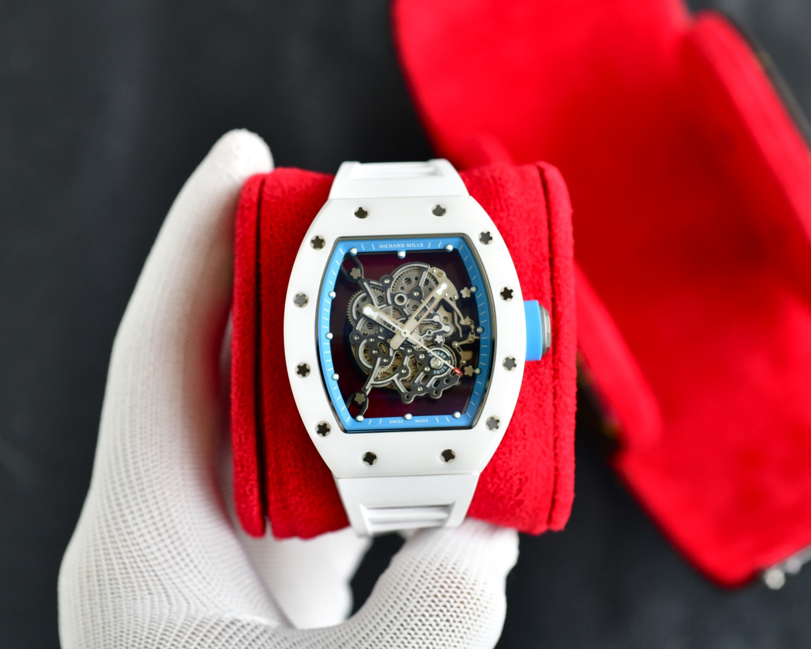 Richard Mille RM055 Automatic Skeleton Tourbillon Watch (AL/TI Case with Blue Ceramic Bezel, White Rubber Strap)