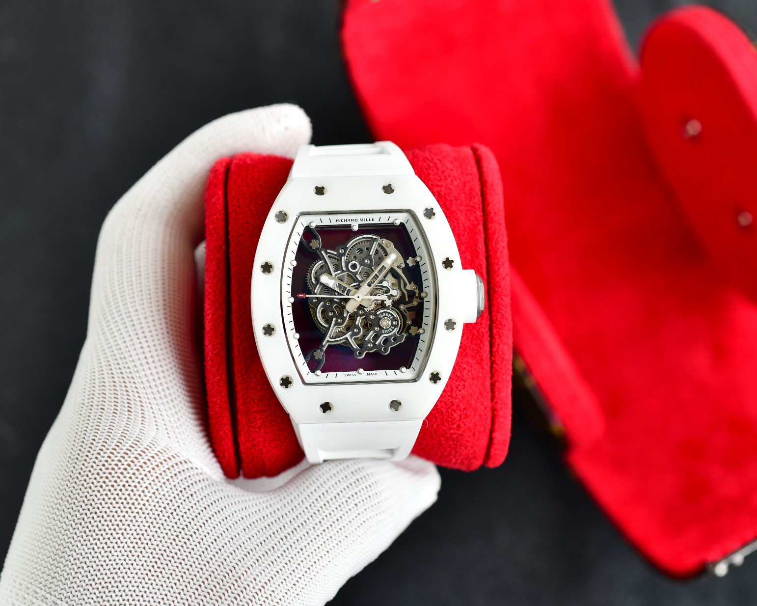 Richard Mille RM055 Bubba Watson Automatic Skeleton Tourbillon Watch (White Ceramic Case, White Rubber Strap)
