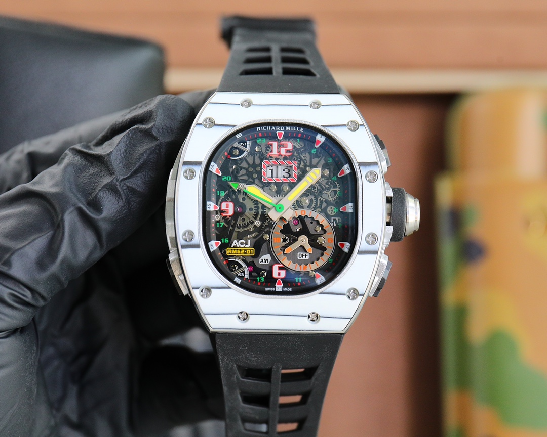 Richard Mille RM62-01 Automatic Flyback Chronograph Watch (Titanium Case, Black Rubber Strap)