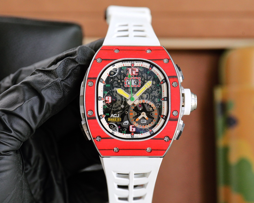 Richard Mille RM62-01 Automatic Flyback Chronograph Watch (Red Ceramic Case, White Rubber Strap)
