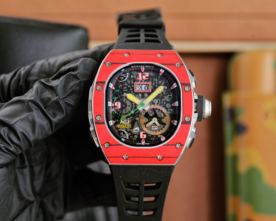 Richard Mille RM62-01 Automatic Flyback Chronograph Watch (Red Ceramic Case, Black Rubber Strap)