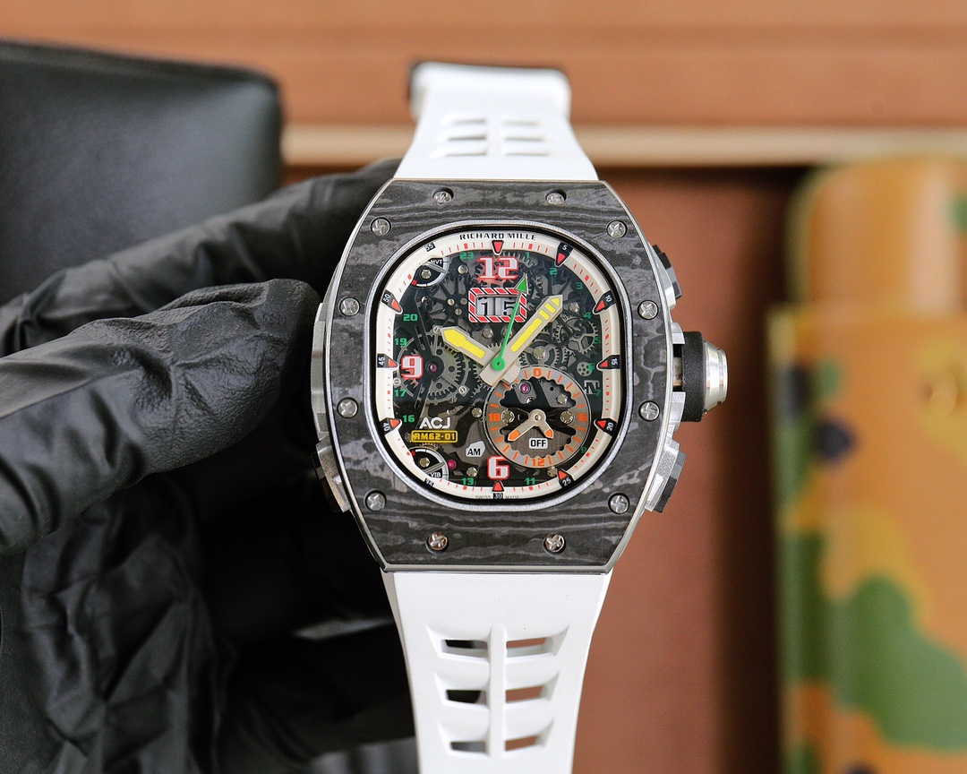 Richard Mille RM62-01 Automatic Flyback Chronograph Watch (NTPT Carbon Case, White Rubber Strap)