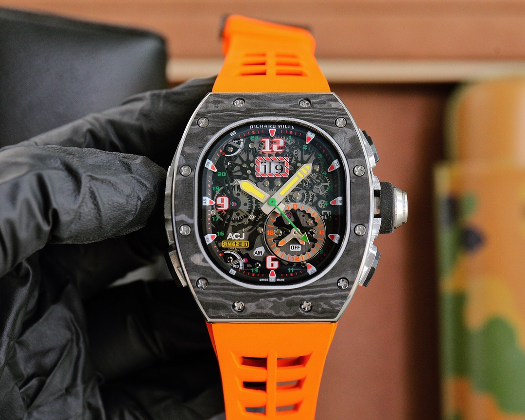 Richard Mille RM62-01 Automatic Flyback Chronograph Watch (NTPT Carbon Case, Orange Rubber Strap)