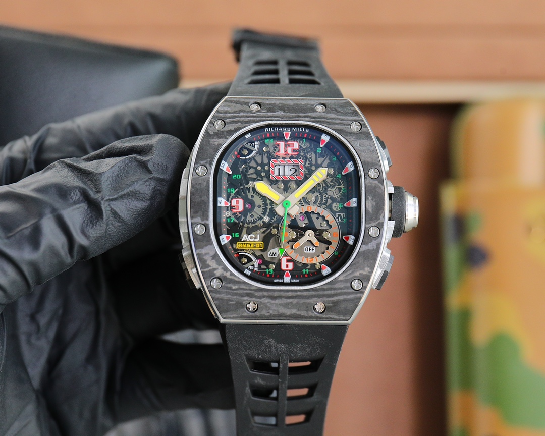 Richard Mille RM 62-01 Automatic Flyback Chronograph Watch (NTPT Carbon Case, Black Rubber Strap)