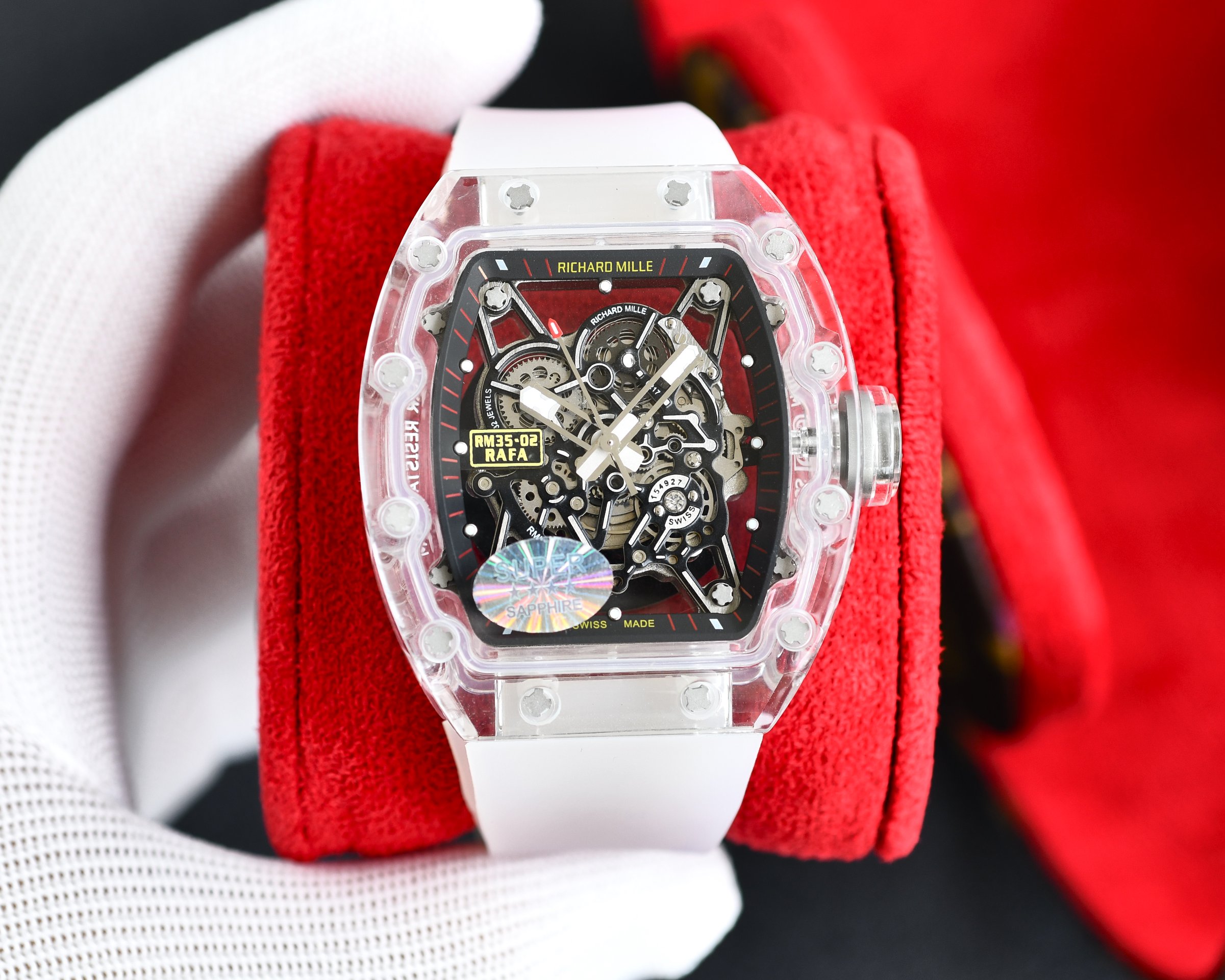 Richard Mille RM 35-02 RAFA Automatic Skeleton Watch (Transparent Composite Case, White Rubber Strap)