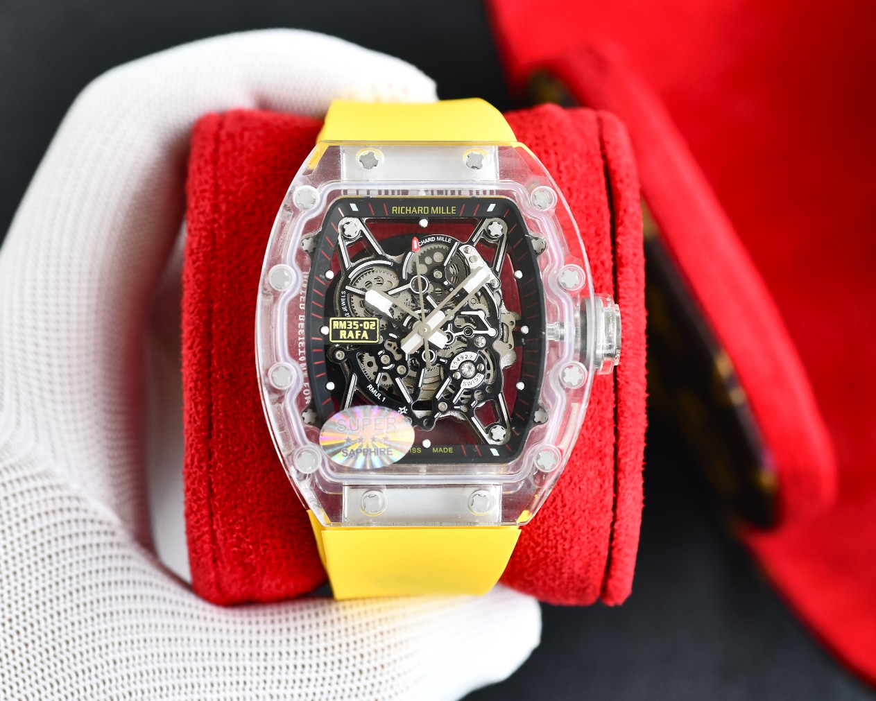 Richard Mille RM 35-02 RAFA Automatic Skeleton Watch (Transparent Composite Case, Yellow Rubber Strap)