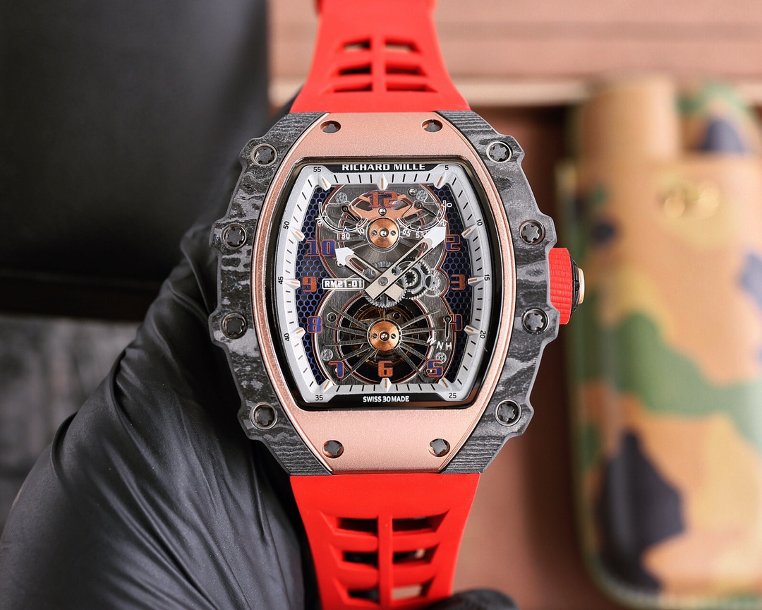 Richard Mille RM 21-02 Tourbillon Watch (NTPT Carbon & 18K Rose Gold Case, Black Rubber Strap)