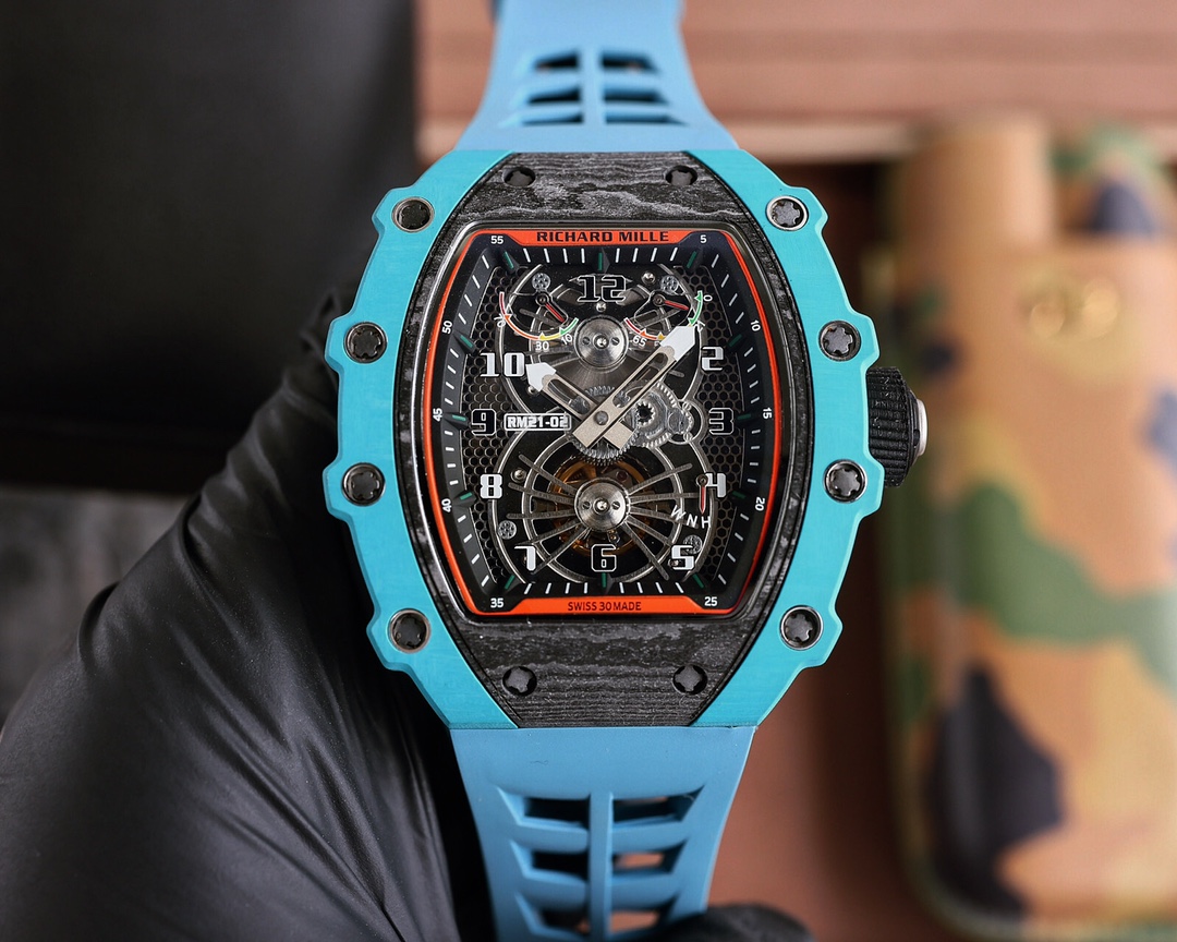 Richard Mille RM 21-02 Tourbillon GMT Watch (Blue Ceramic & NTPT Carbon Case, Blue Rubber Strap)
