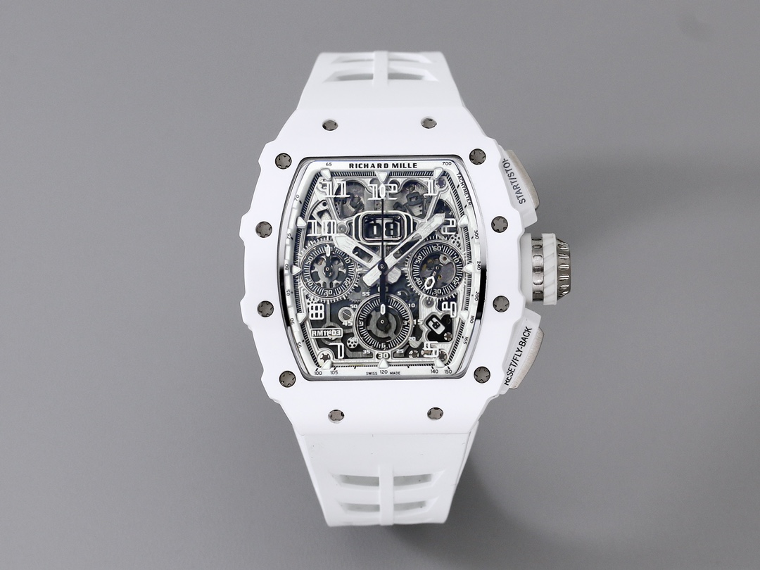 Richard Mille RM 011 Automatic Chronograph Watch (White Ceramic Case, White Rubber Strap)