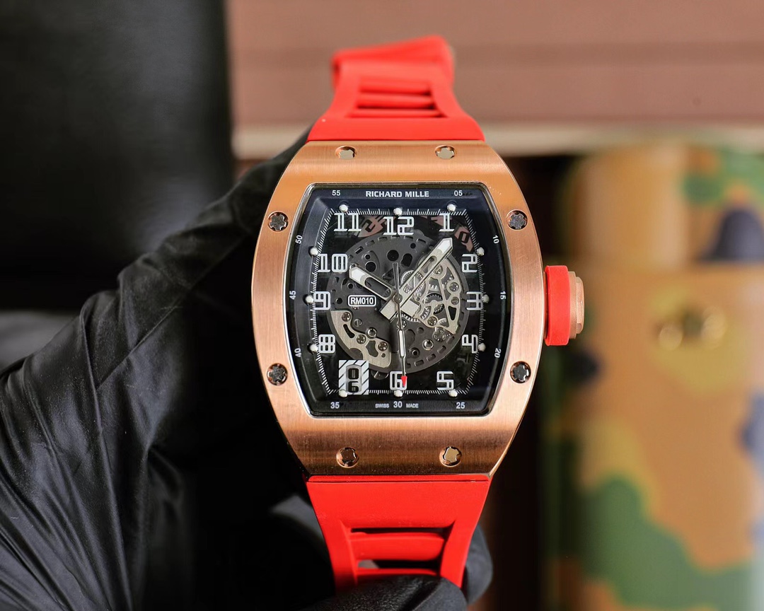 Richard Mille RM 010 Automatic Chronograph Watch (18K Rose Gold Case, Red Rubber Strap)