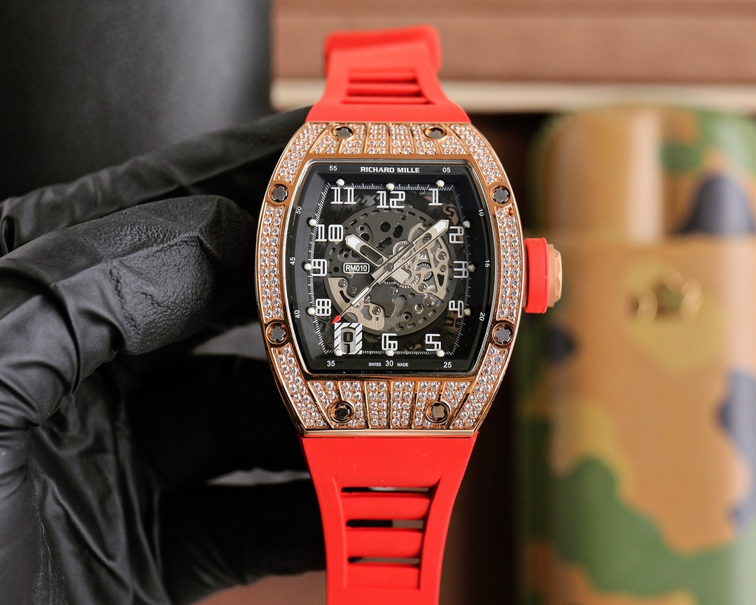 Richard Mille RM 010 Chronograph Watch (18K Rose Gold Diamond - Set Bezel, White Rubber Strap)
