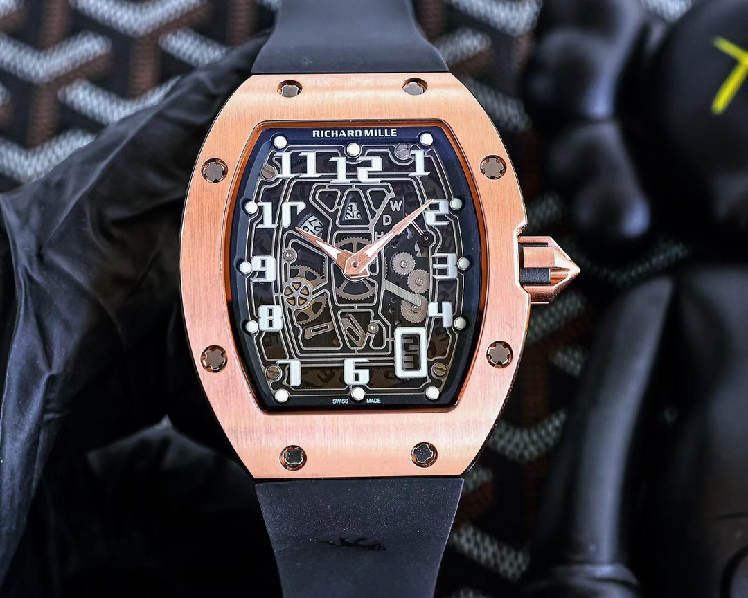 Richard Mille RM 067 Automatic Skeleton Watch (18K Rose Gold Case, Black Rubber Strap)
