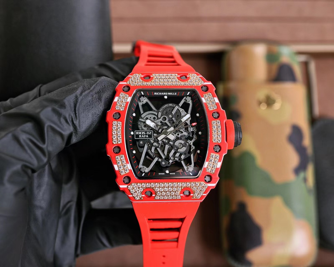 Richard Mille RM 35-02 RAFA Automatic Skeleton Watch (Red Ceramic Case with Diamond-Set Bezel, Red Rubber Strap)