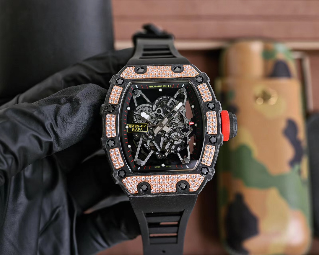 Richard Mille RM 35-02 RAFA Automatic Skeleton Watch (Black Ceramic Case with Diamond - Rose Gold Accents, Black Rubber Strap)