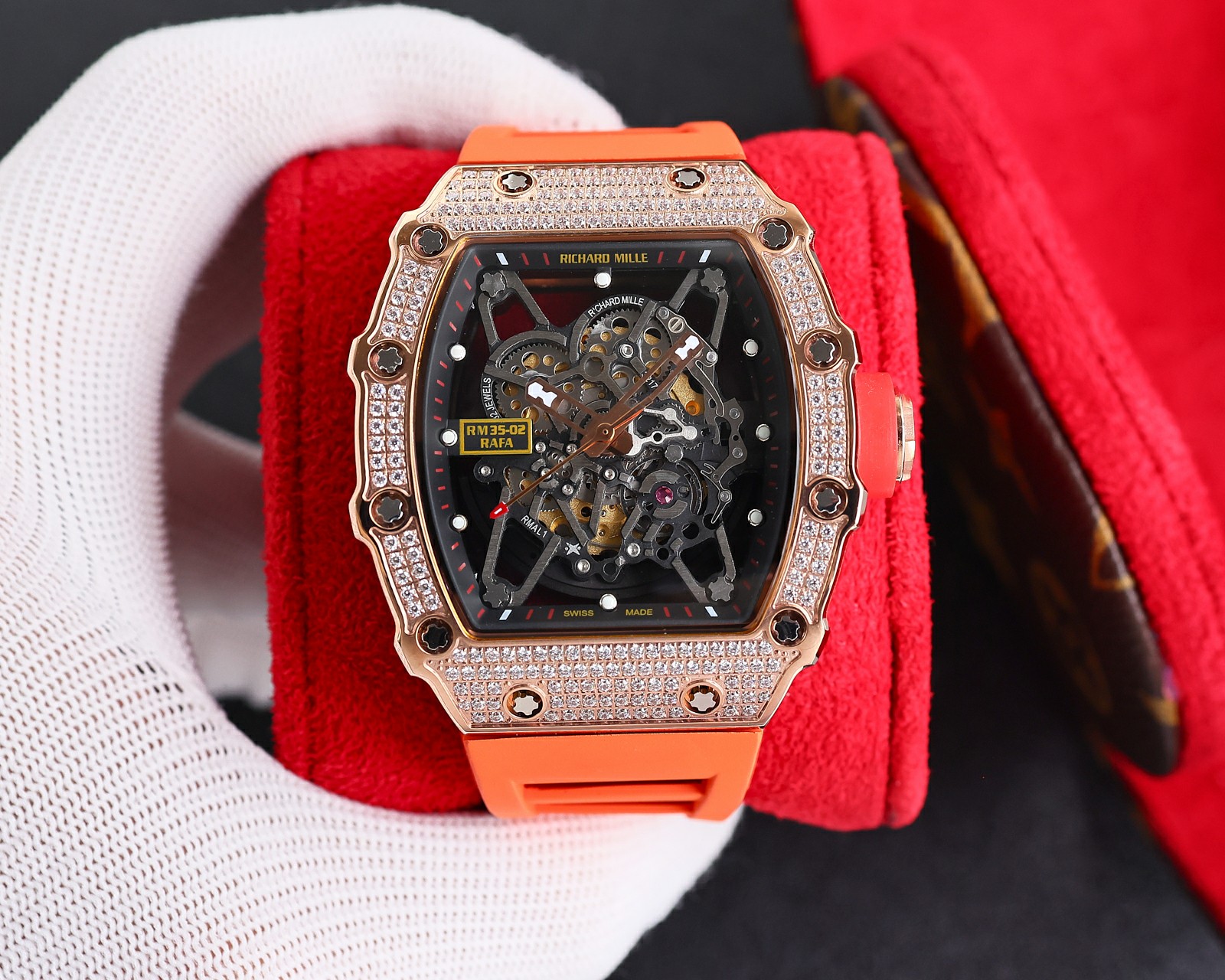 Richard Mille RM 35-02 RAFA Automatic Skeleton Watch (18K Rose Gold Case with Diamond-Set Bezel, Orange Rubber Strap)