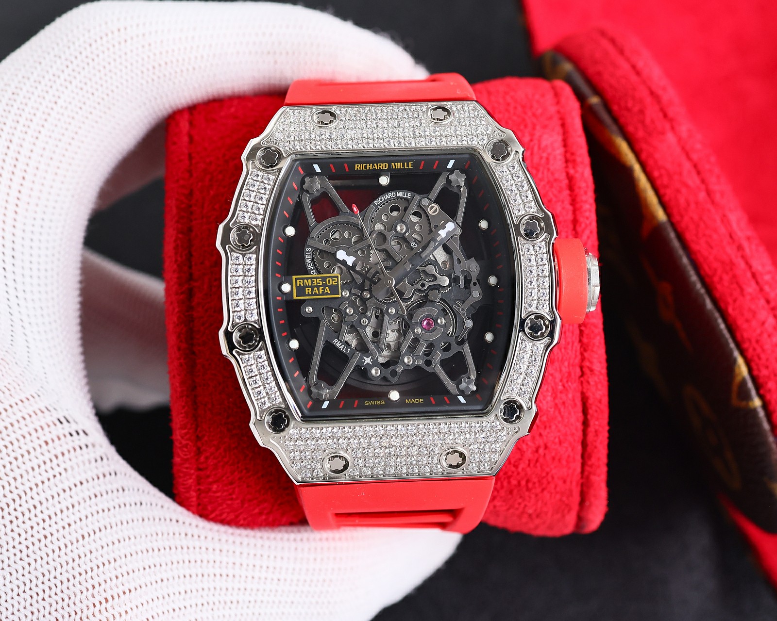 Richard Mille RM 35-02 RAFA Automatic Skeleton Watch (Titanium Case with Diamond-Set Bezel, White Rubber Strap)