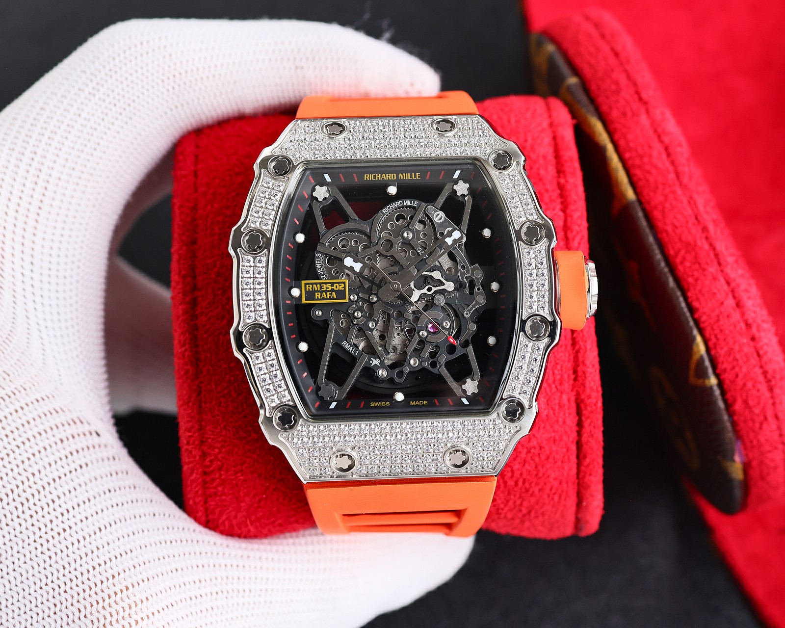 Richard Mille RM 35-02 Automatic Skeleton Watch (Titanium Case with Diamond - Set Bezel, Orange Rubber Strap)
