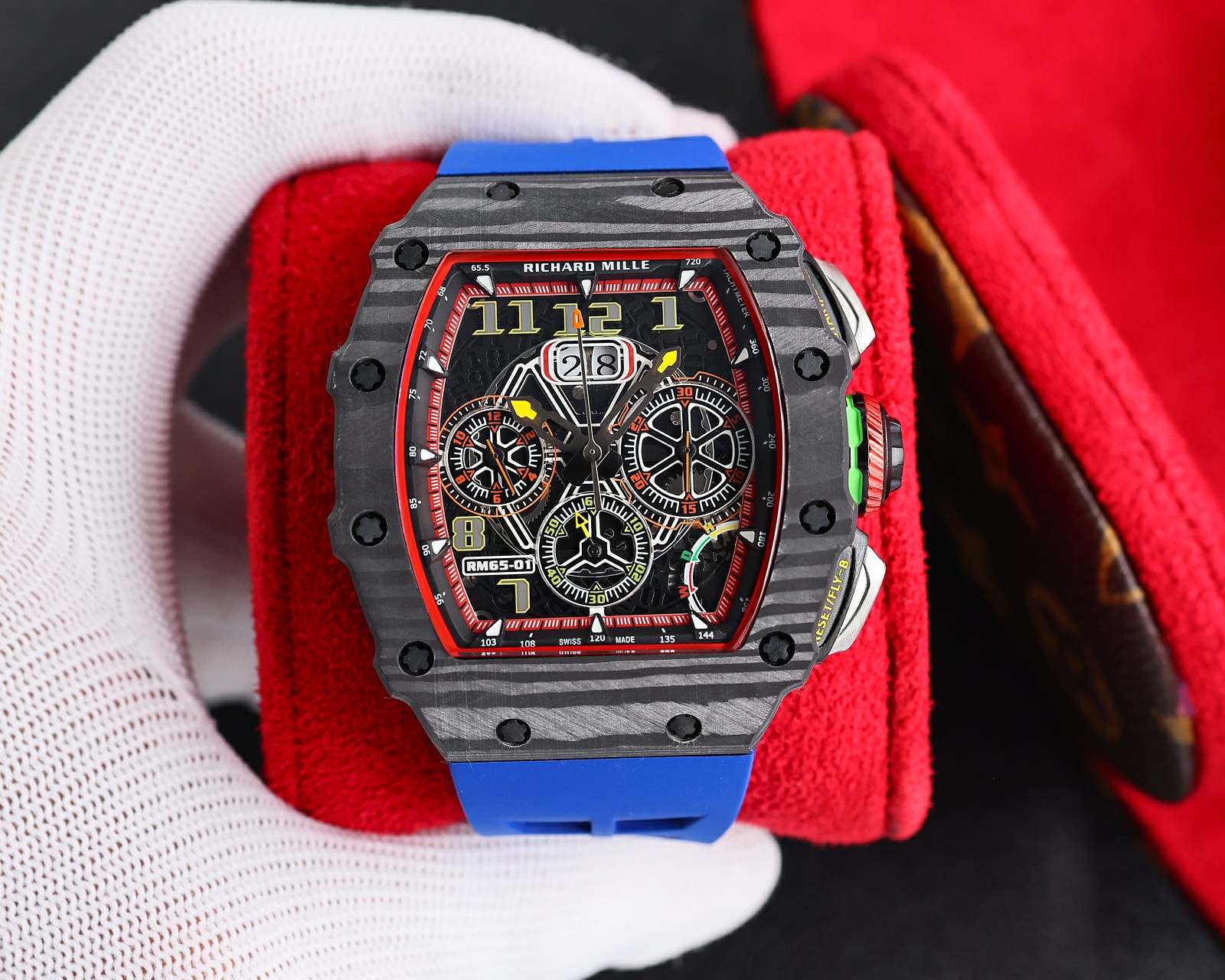Richard Mille RM 65-01 Chronograph Watch (NTPT Carbon Case, Blue Rubber Strap)