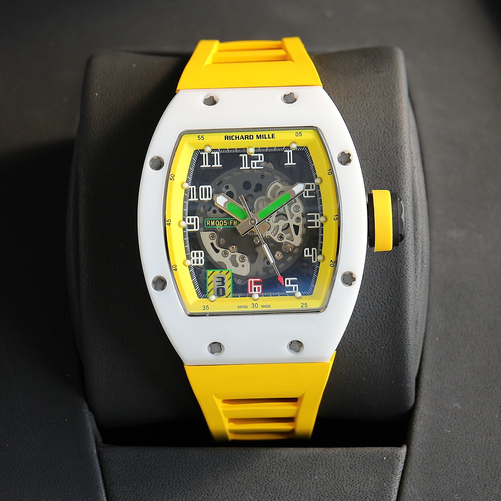 Richard Mille RM 005 - FM Skeleton Automatic Watch (White Ceramic Case, Yellow Rubber Strap)