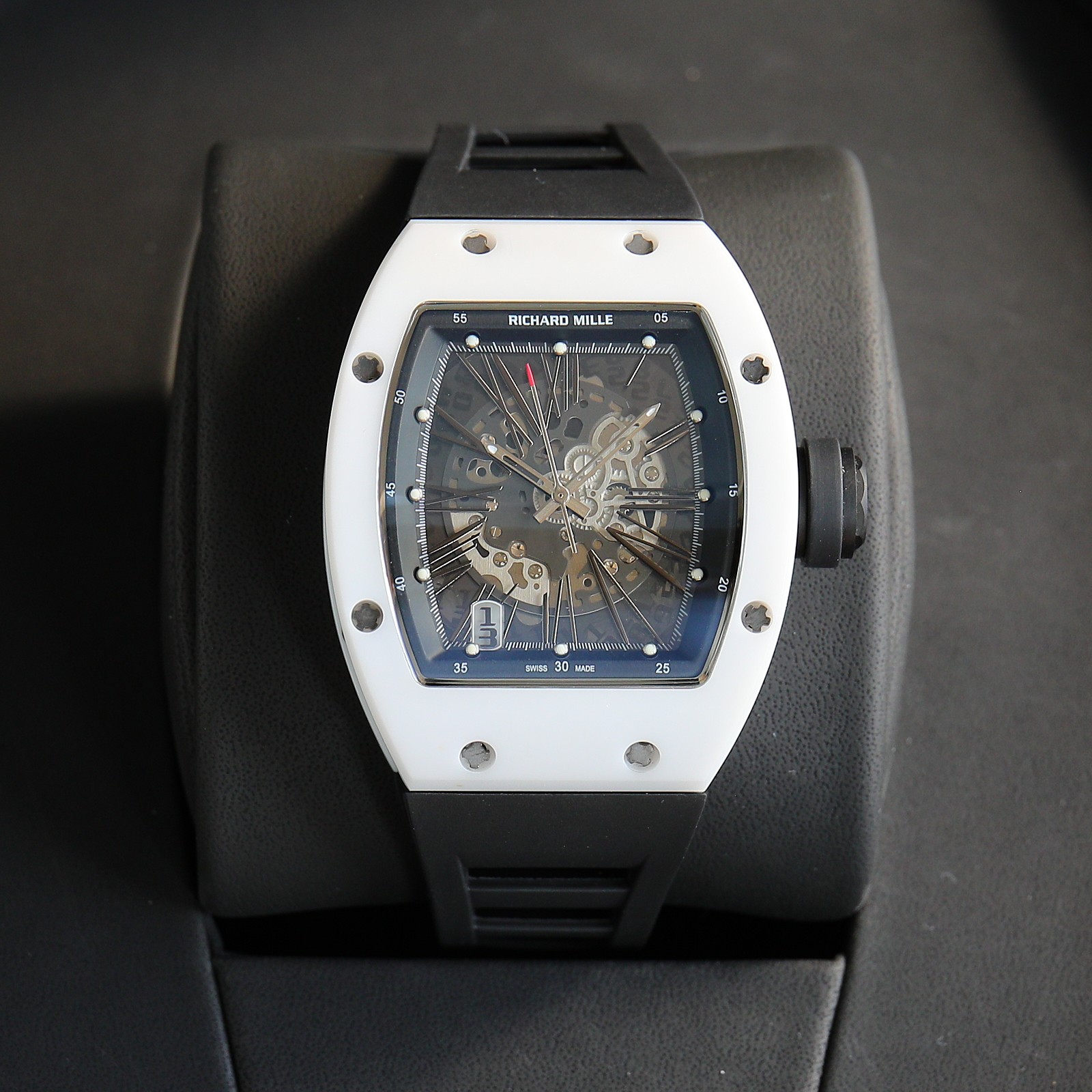 Richard Mille RM 055 Skeleton Automatic Watch (White Ceramic Case, Black Rubber Strap)