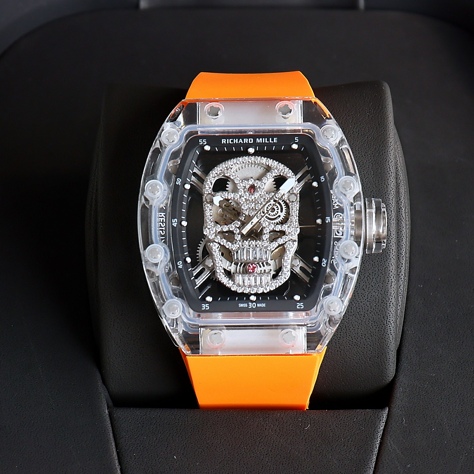 Richard Mille RM 52 - 01 Diamond Skull Tourbillon Watch (Transparent Sapphire Composite Case, Orange Rubber Strap)