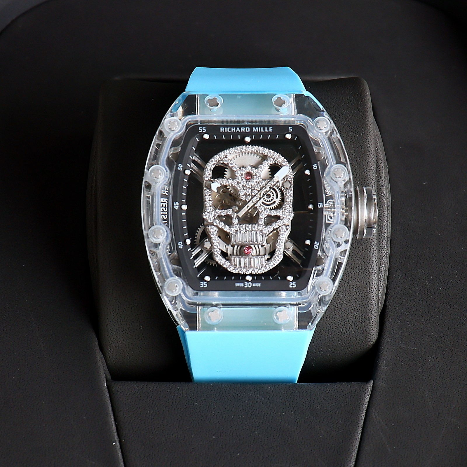 Richard Mille RM 52 - 01 Diamond Skull Tourbillon Watch (Transparent Sapphire Composite Case, Sky - Blue Rubber Strap)