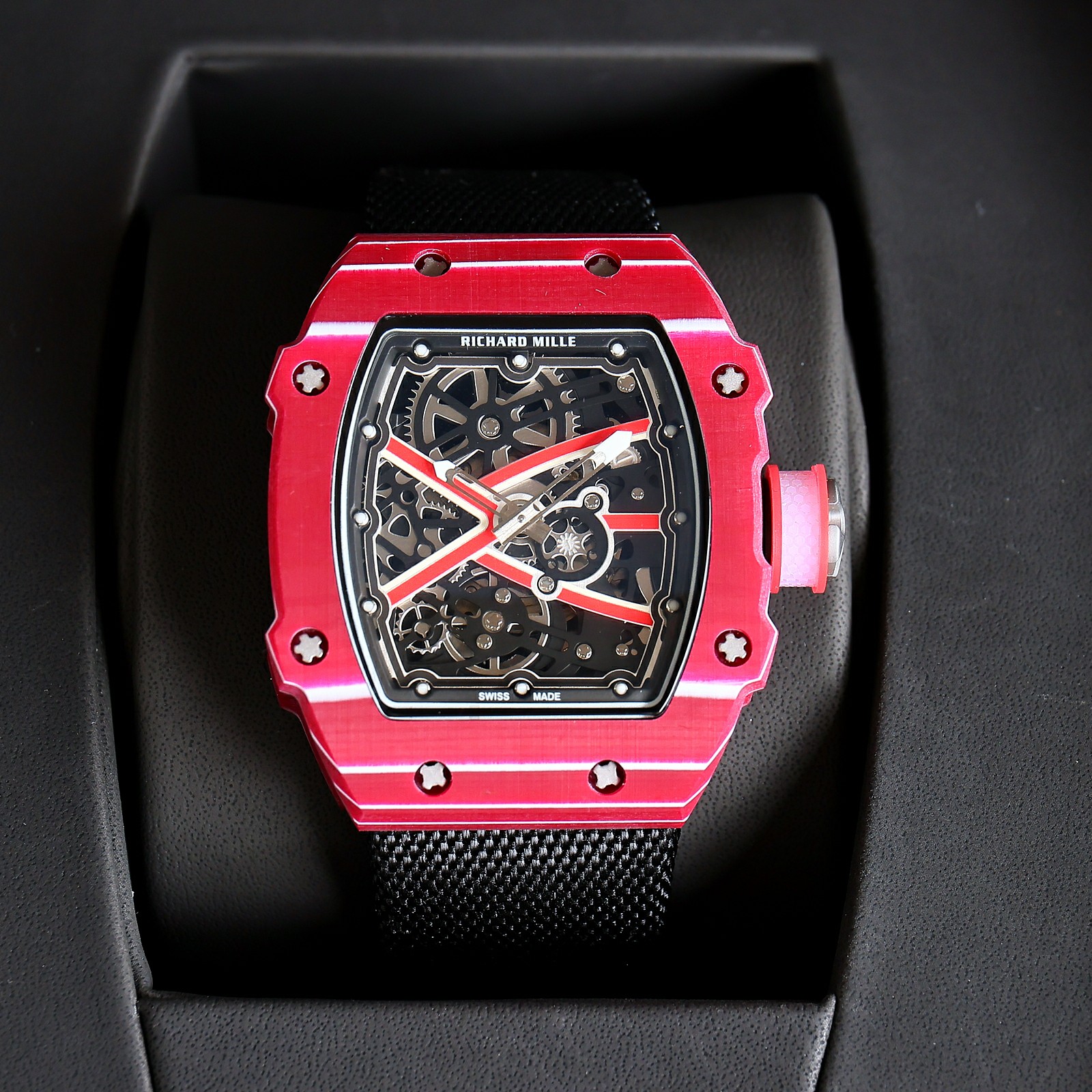 Richard Mille Skeleton Tourbillon Watch (Red Ceramic Case, Black Nylon Strap)