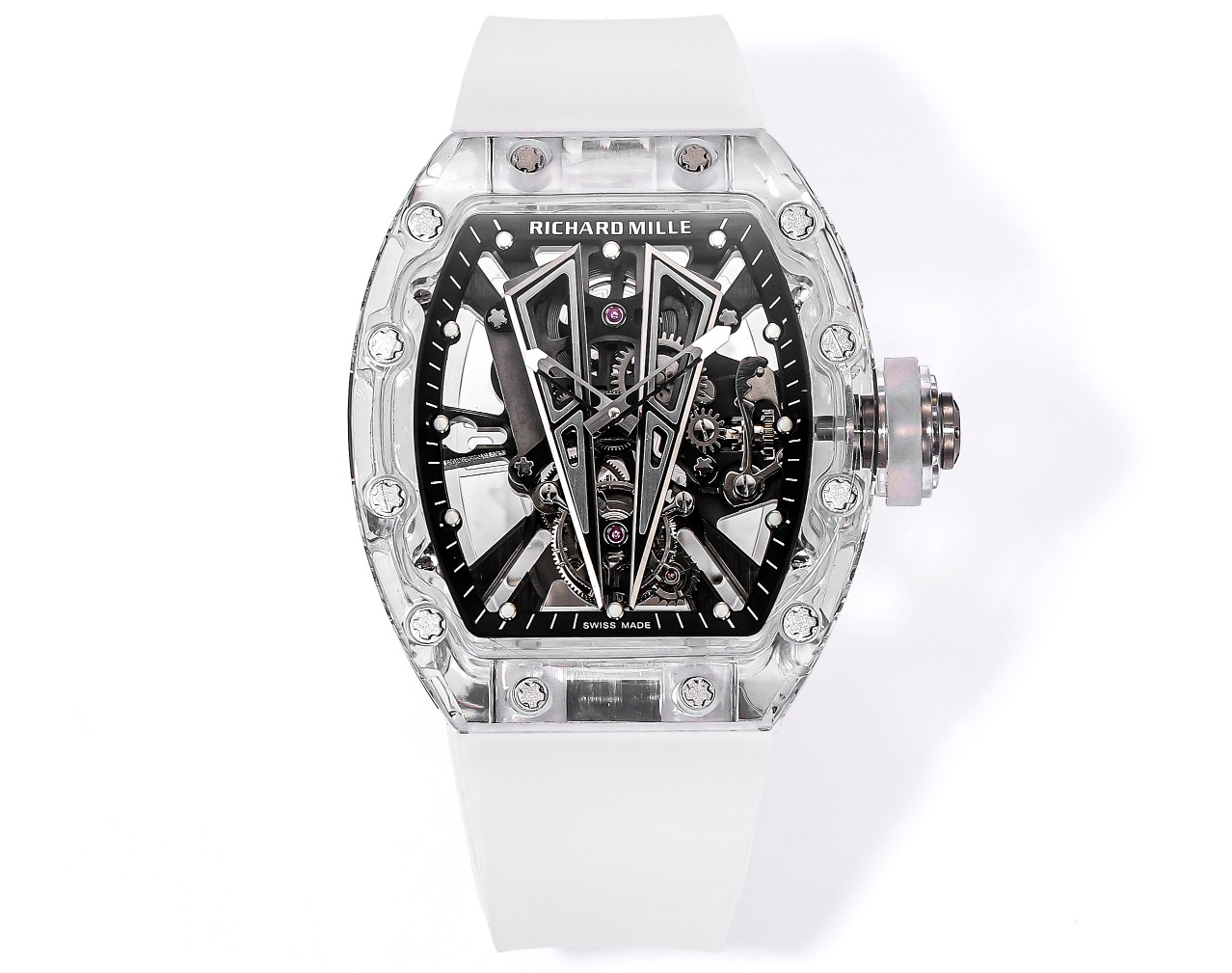 Richard Mille Transparent Sapphire - Composite Tourbillon Watch (Geometric Skeleton Dial, White Rubber Strap)