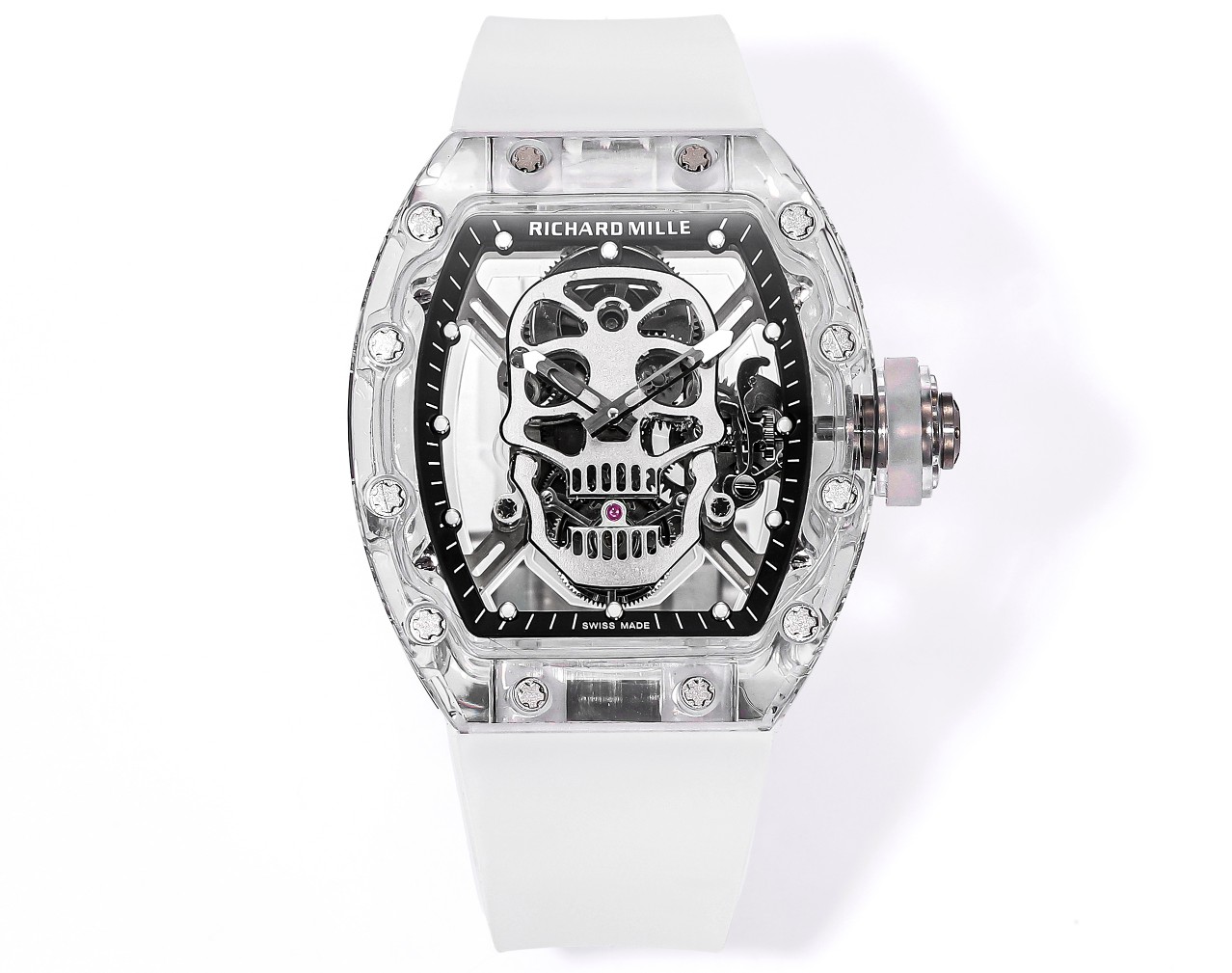 Richard Mille RM52 - 01 Skull Tourbillon Watch (Transparent Sapphire - Composite Case, White Rubber Strap)