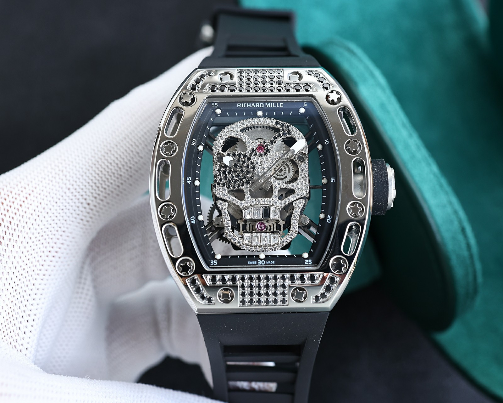 Richard Mille Black & White Diamond - Encrusted Skull Tourbillon Watch (Titanium Case, Black Rubber Strap)