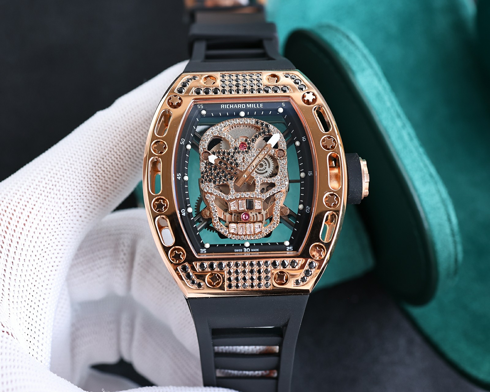 Richard Mille Black Diamond & Diamond - Inlaid Skull Tourbillon Watch (18K Rose Gold Case, Black Rubber Strap)