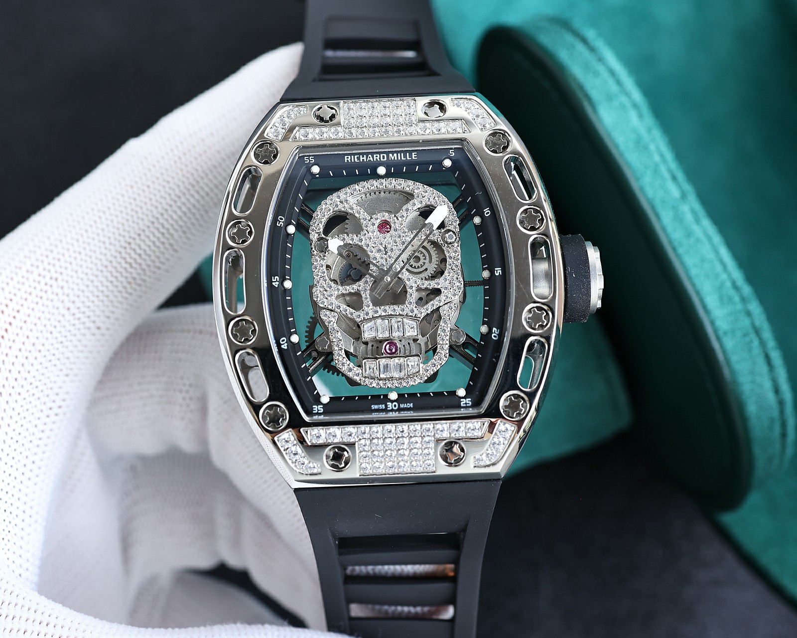 Richard Mille Diamond - Set Skull Skeleton Tourbillon Watch (Titanium Case, Black Rubber Strap)