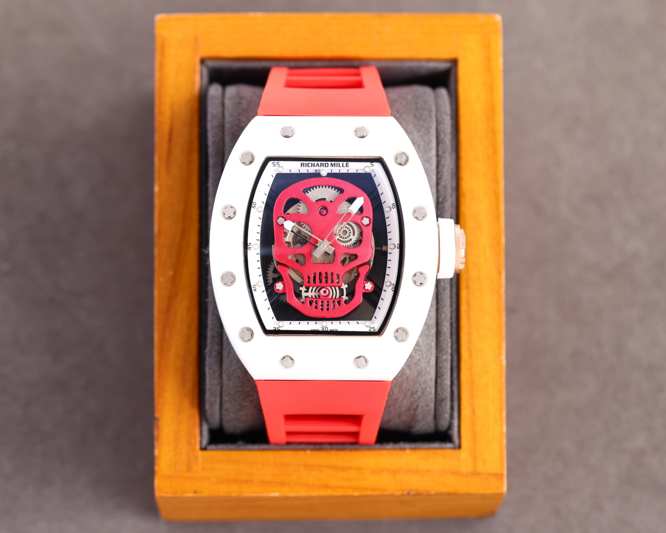 Richard Mille Red Skull Skeleton Tourbillon Watch (White Ceramic Case, Red Rubber Strap)