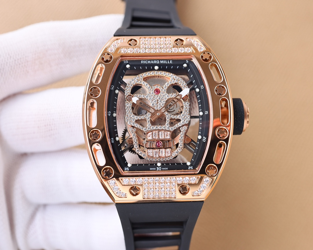 Richard Mille Diamond - Encrusted Skull Tourbillon Watch (18K Rose Gold Case, Black Rubber Strap)