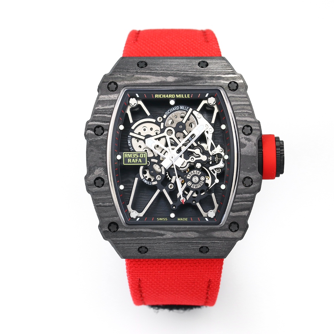 Richard Mille RM 35-01 Automatic Skeleton Watch (Black Carbon Composite Case, Red Fabric Strap)