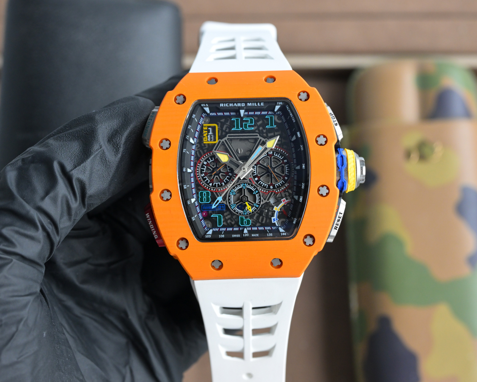 Richard Mille RM 65-01 Chronograph Watch (Orange Ceramic Case, White Rubber Strap)