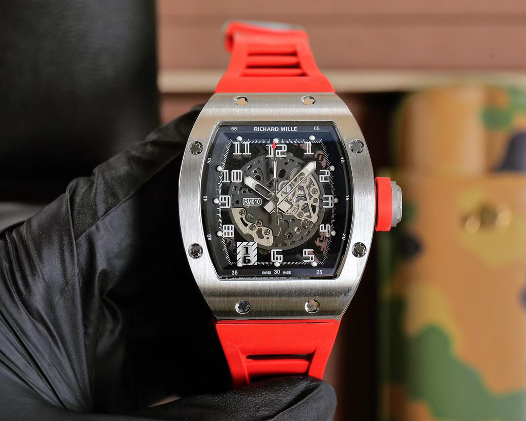 Richard Mille RM 010 Skeleton Chronograph Watch (18K Rose Gold Case, Red Rubber Strap)