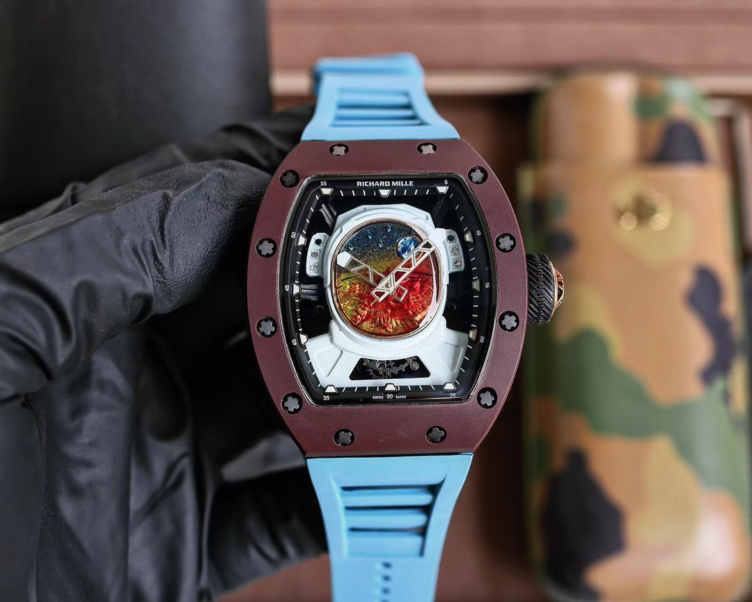 Richard Mille Artistic Skeleton Watch (Burgundy Ceramic Case, White Rubber Strap)