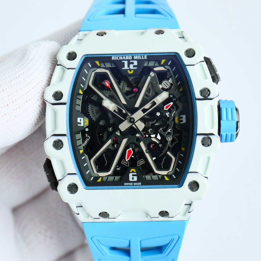 Richard Mille RM 35-03 Skeleton Chronograph Watch (White Ceramic Case, Light Blue Rubber Strap)