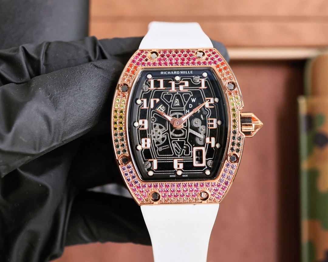 Richard Mille Rainbow Gem - Set Skeleton Watch (Rose Gold Case, White Rubber Strap)