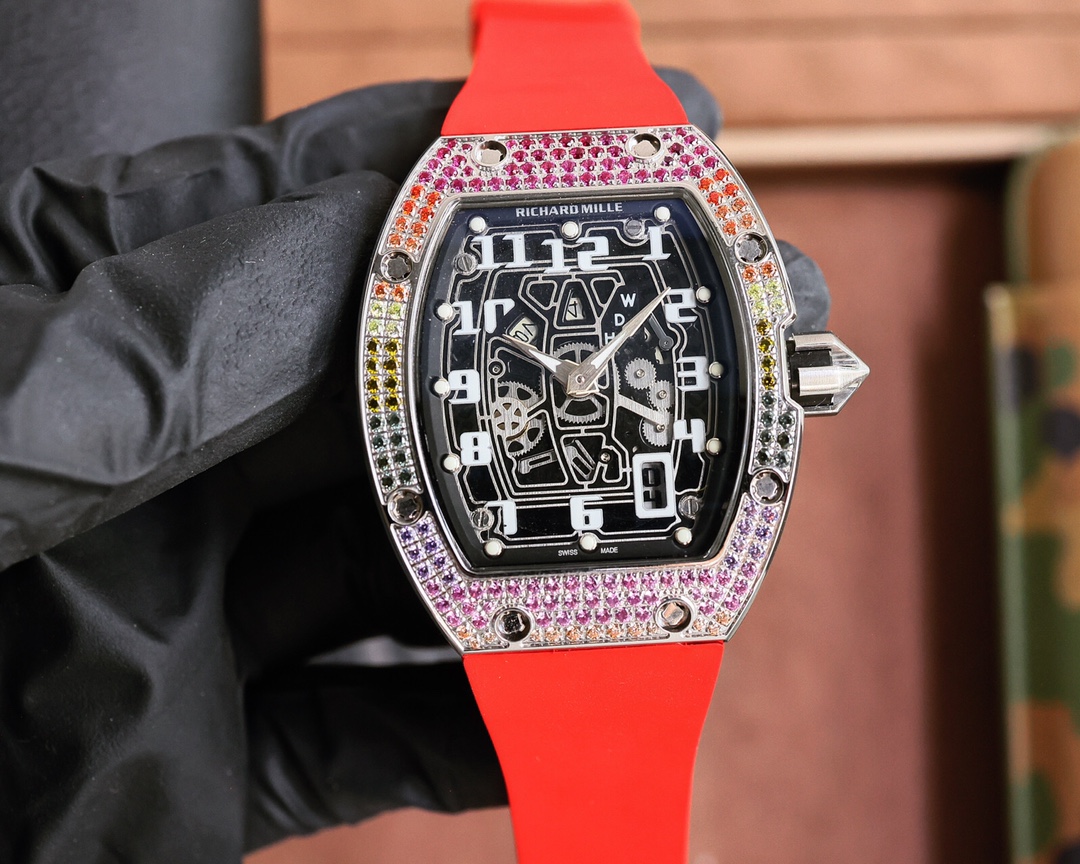 Richard Mille Rainbow Gem - Set Skeleton Watch (Rose Gold Case, White Rubber Strap)