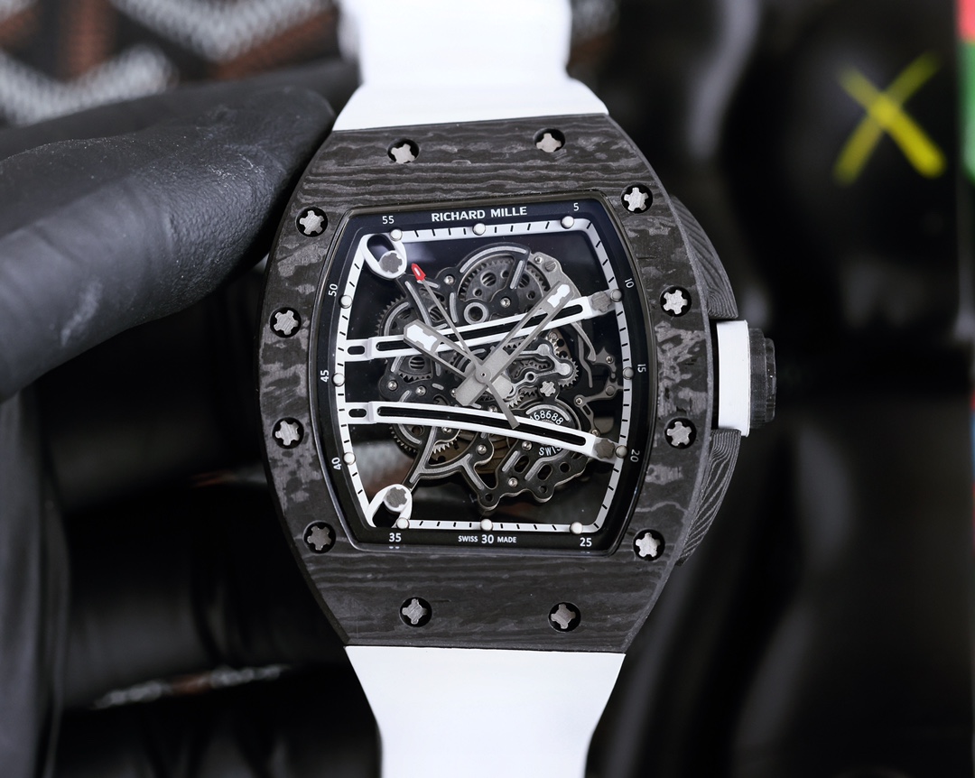 Richard Mille Skeleton Watch (Black Carbon Case, White Rubber Strap)