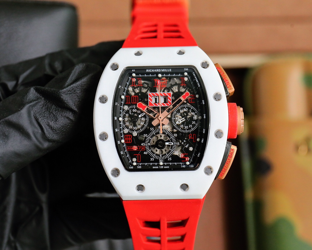 Richard Mille RM 11-02 White Ceramic Chronograph Watch (Red Rubber Strap)