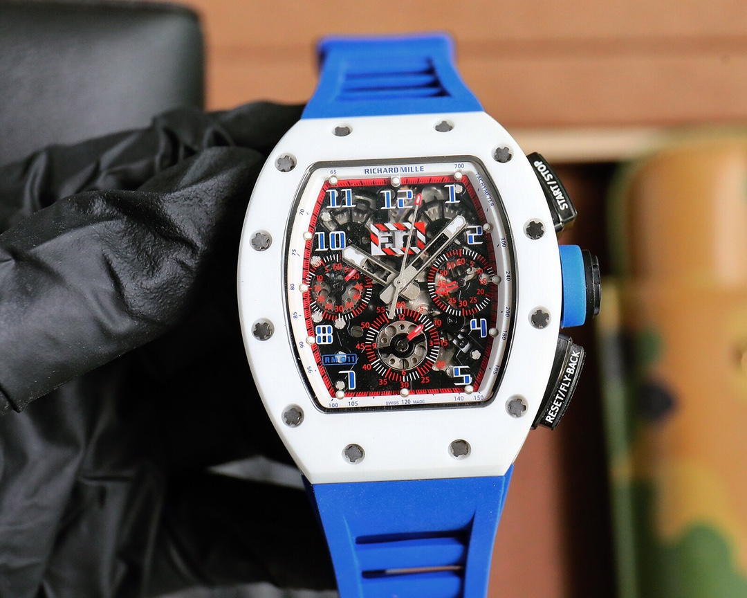 Richard Mille RM 11-02 White Ceramic Chronograph Watch (Blue Rubber Strap)
