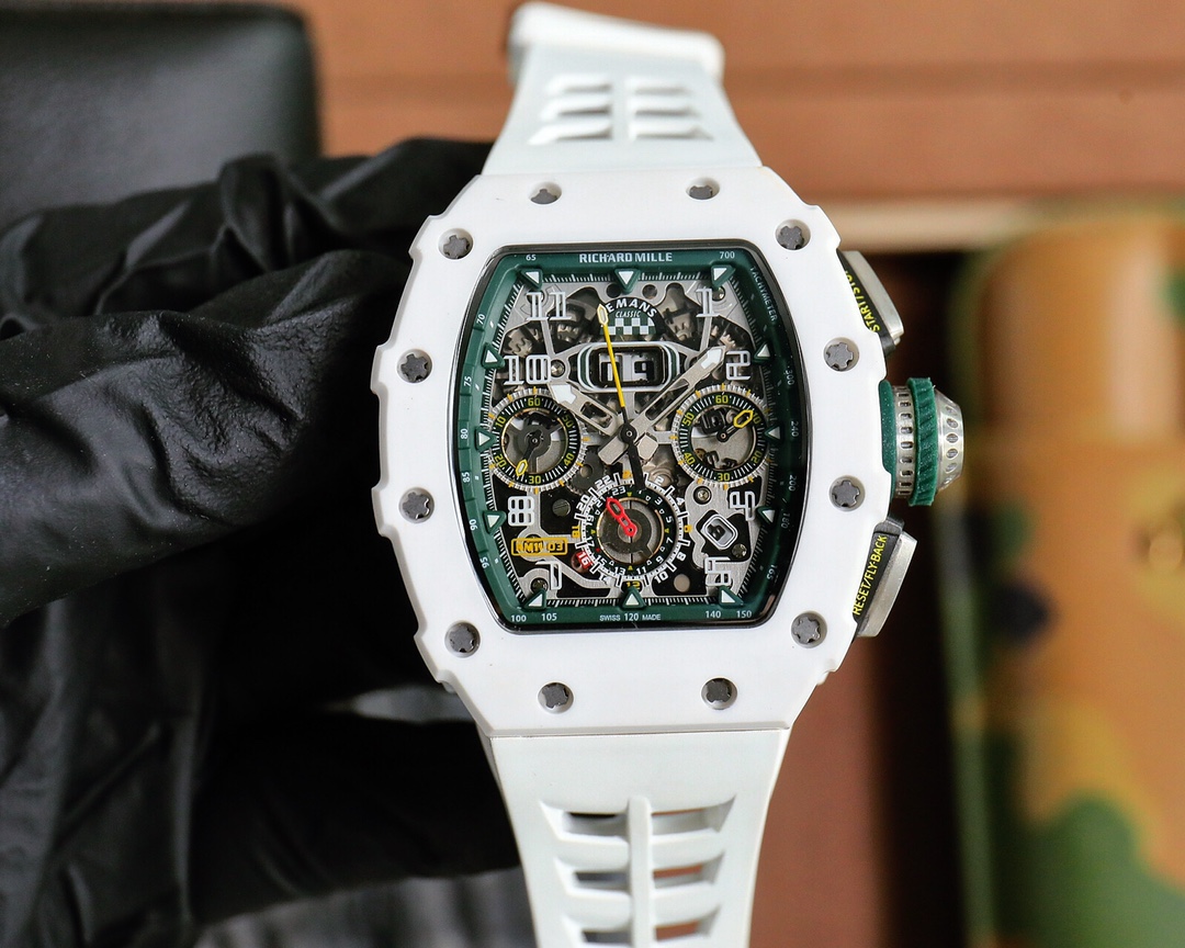 Richard Mille RM 11-02 White Ceramic Chronograph Watch (White Rubber Strap)