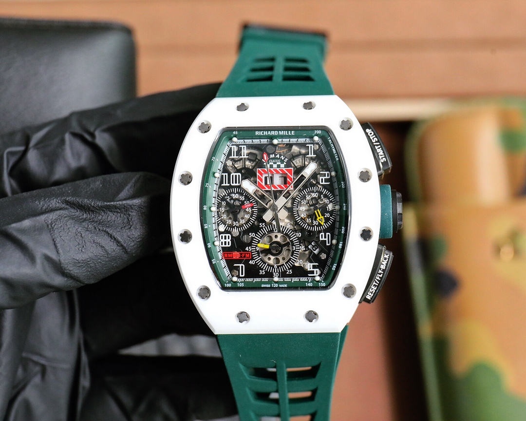 Richard Mille RM 11-02 White Ceramic Chronograph Watch (Green Rubber Strap)